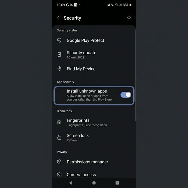 Android settings screen showing Unknown Sources toggle for installing NetMirror APK