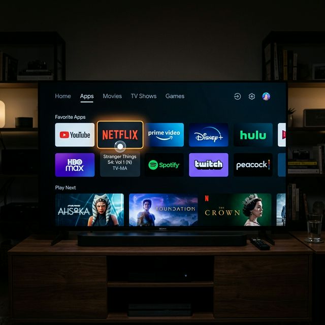 Android TV home screen showing streaming app grid with NetMirror installed