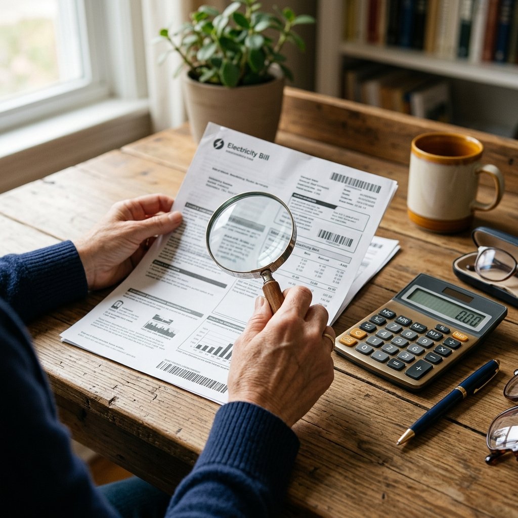 Person reviewing an electricity bill with a magnifying glass