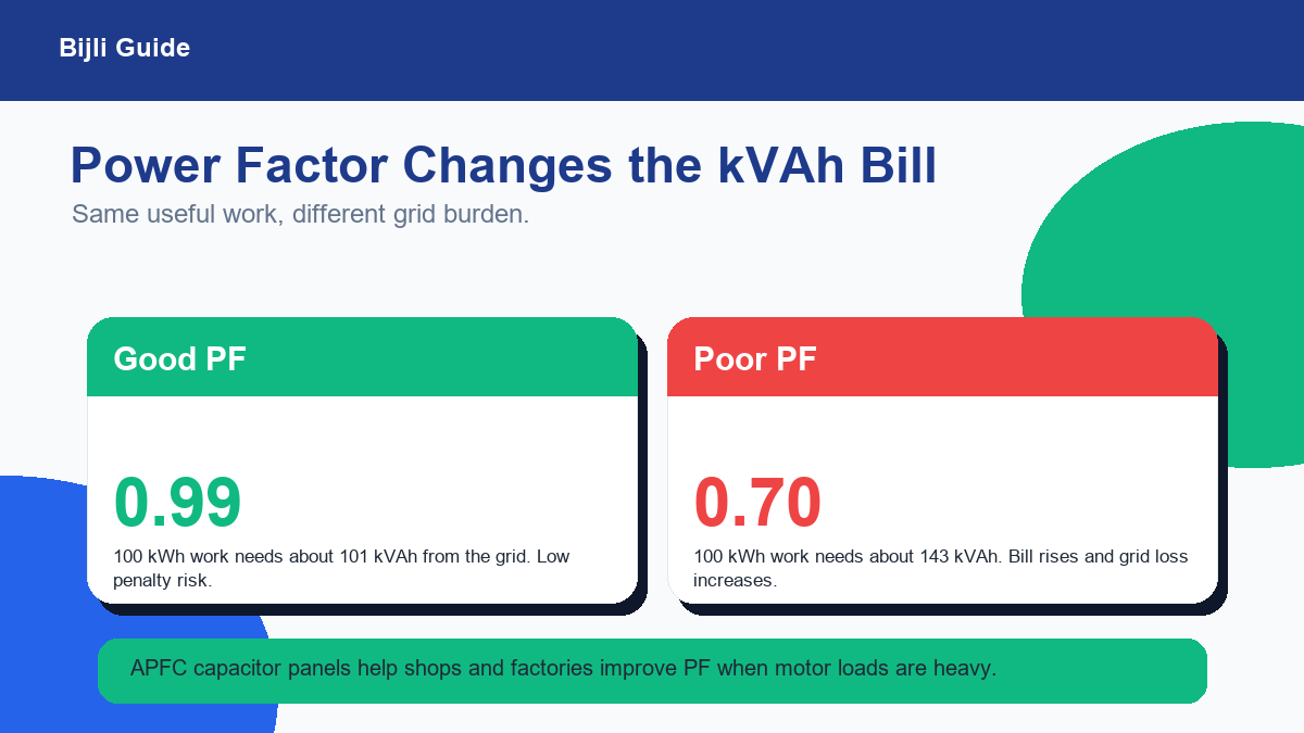 Example showing how good and poor power factor affect kVAh billed units