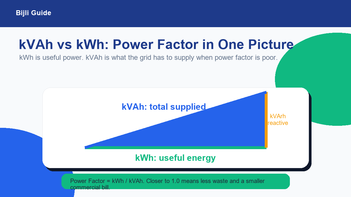 Power triangle diagram explaining kWh kVArh and kVAh in electricity bills