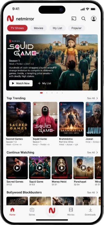 Actual NetMirror Android App Interface Screenshot Showing Netflix, Hotstar, and HBO Streaming Hub