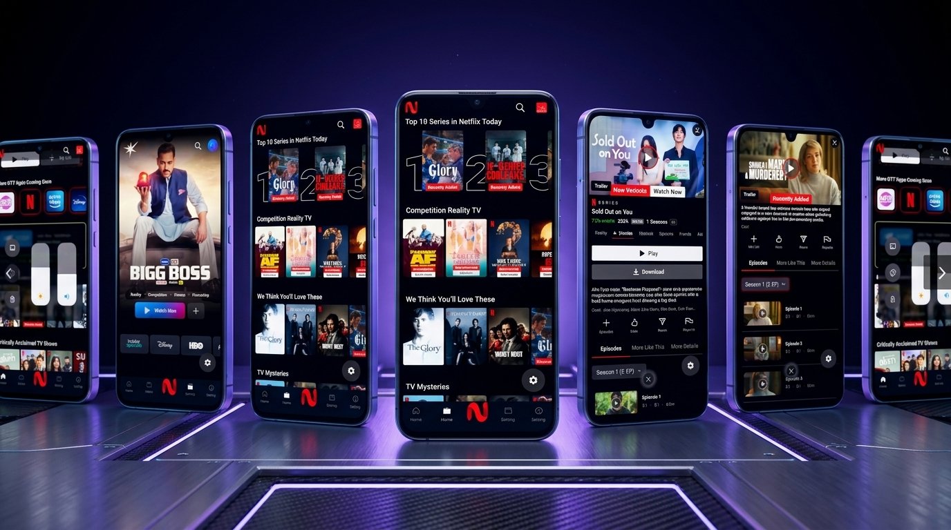 NetMirror APK v6.2.0 Real App Multi-Device Feature Panorama showing OTT Hub, Gesture Controls, and Offline Downloader