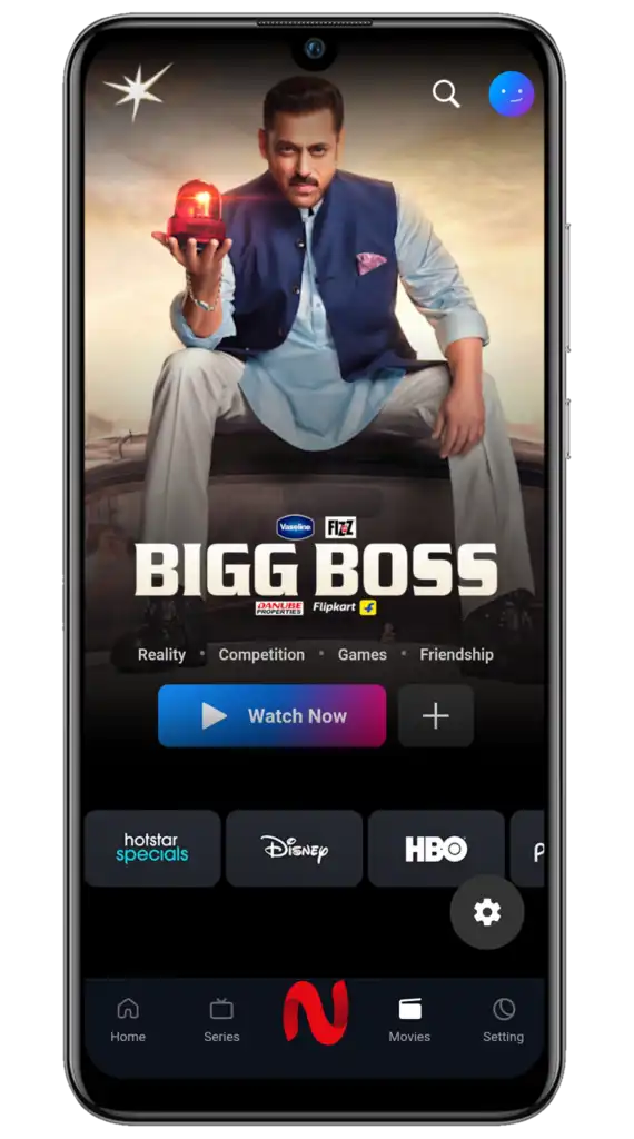 Real NetMirror Android In-App Screenshot Showing Bigg Boss Hero Banner with Watch Now and OTT Network Switcher