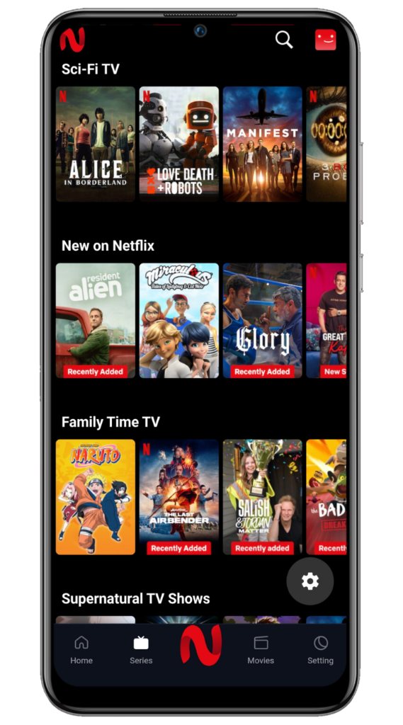 Real NetMirror Android In-App Screenshot Showing Sci-Fi TV, Alice in Borderland, Manifest and Naruto Shippuden