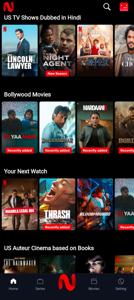 Real NetMirror Android In-App Screenshot Showing US TV Shows Dubbed in Hindi and Bollywood Cinema