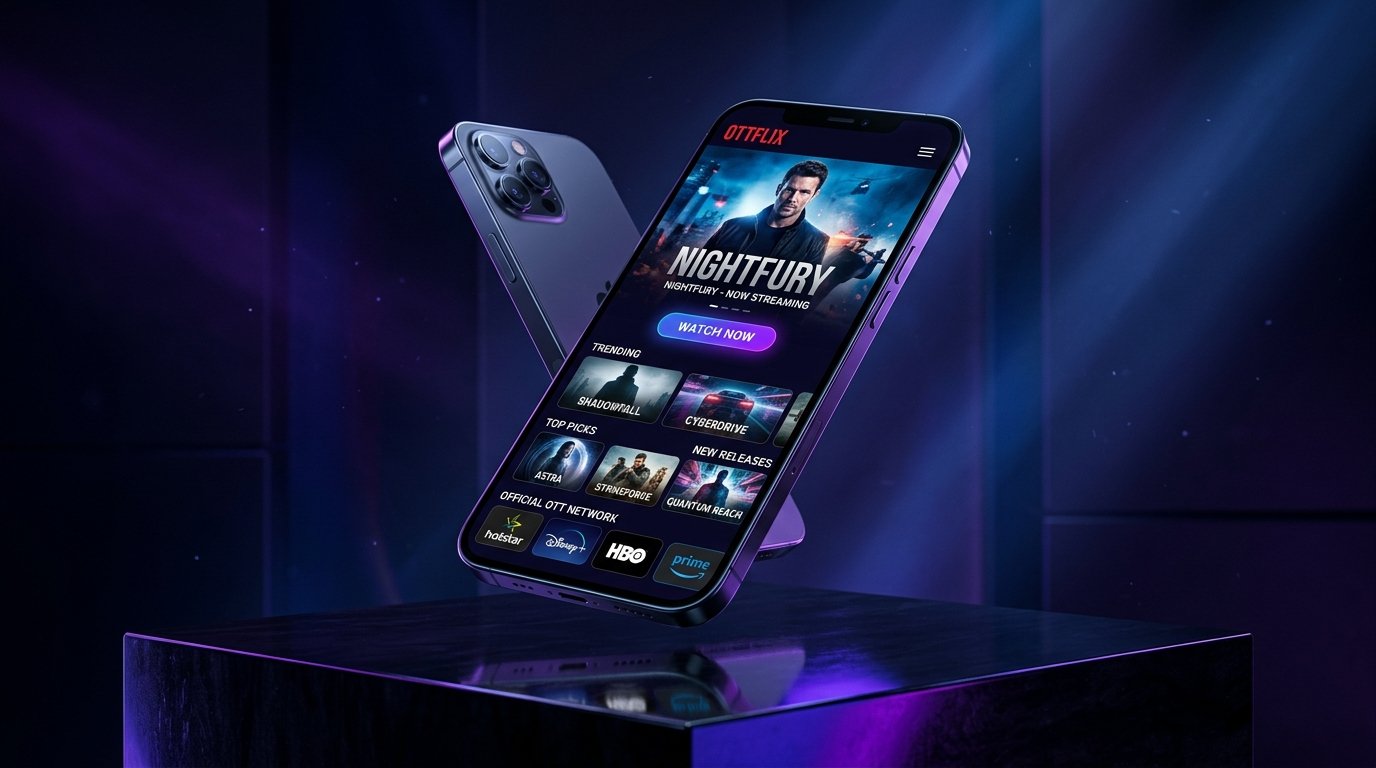 NetMirror Official v6.2.0 3D Smartphone Interface on Glowing Pedestal with Watch Now and OTT Badges