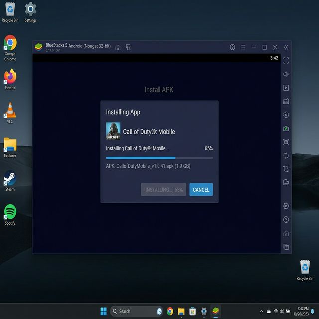 BlueStacks emulator on Windows 11 desktop showing NetMirror APK installation