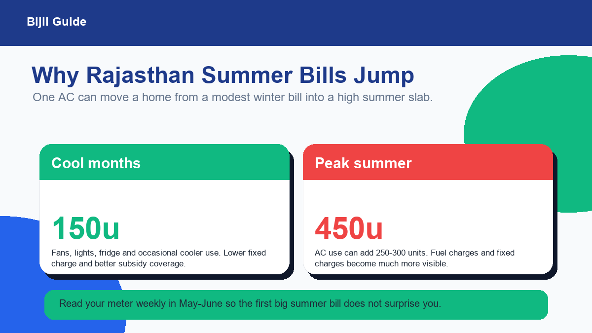 Comparison showing Rajasthan electricity use in cool months versus peak summer