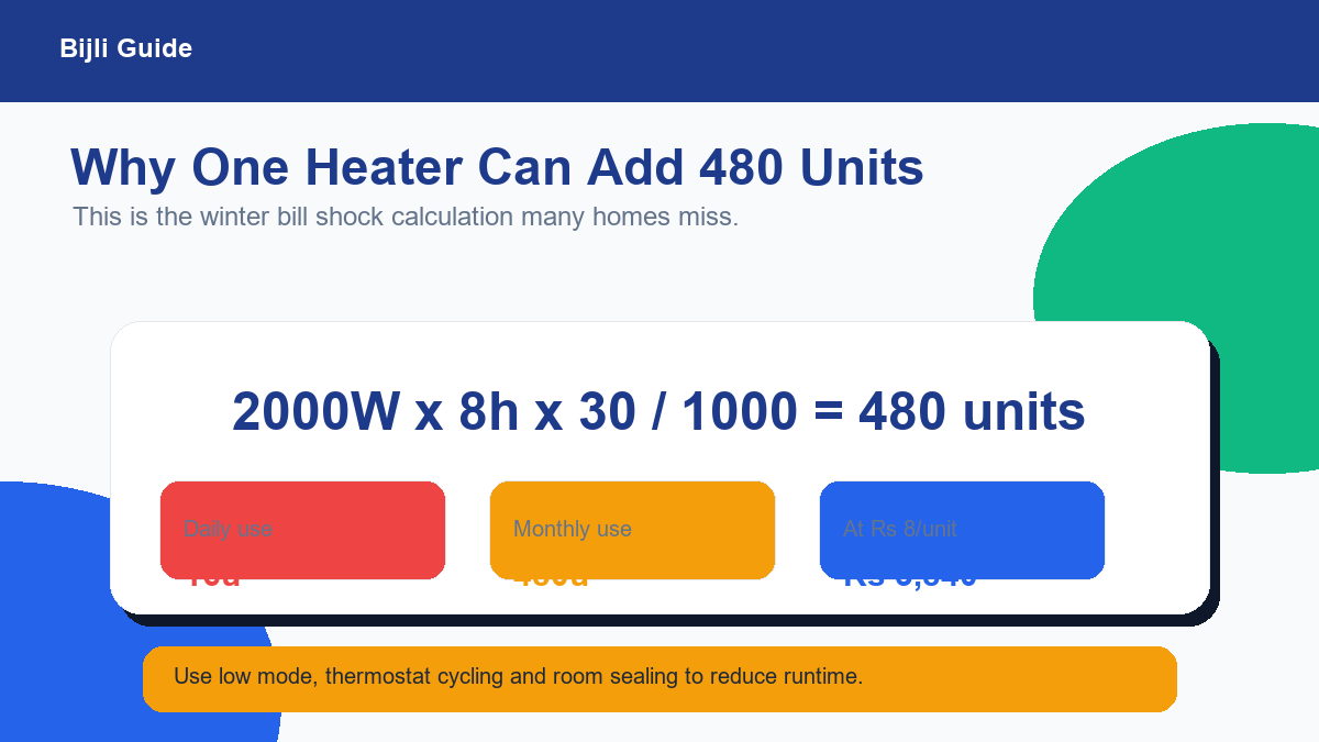 Calculation showing a 2000W room heater can add 480 units in one month