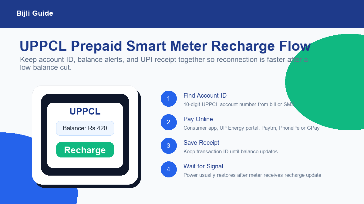 UPPCL prepaid smart meter recharge flow with account ID balance and payment steps