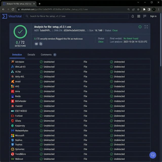 VirusTotal scan showing NetMirror APK is virus-free with 0/72 detections