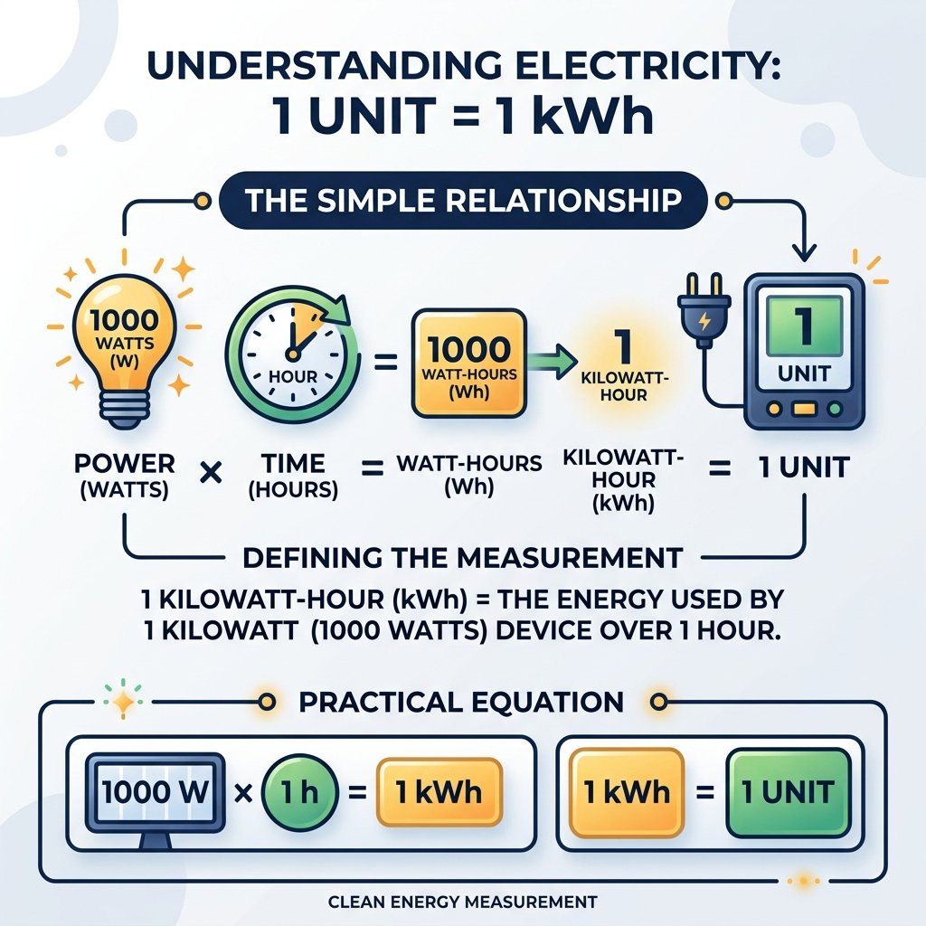 Infographic showing 1000 Watts times 1 Hour equals 1 Unit