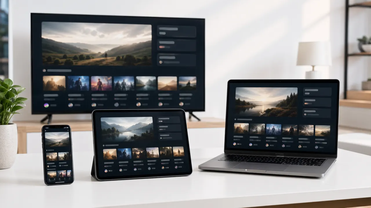 Devices showing entertainment discovery layouts in an alternatives comparison scene