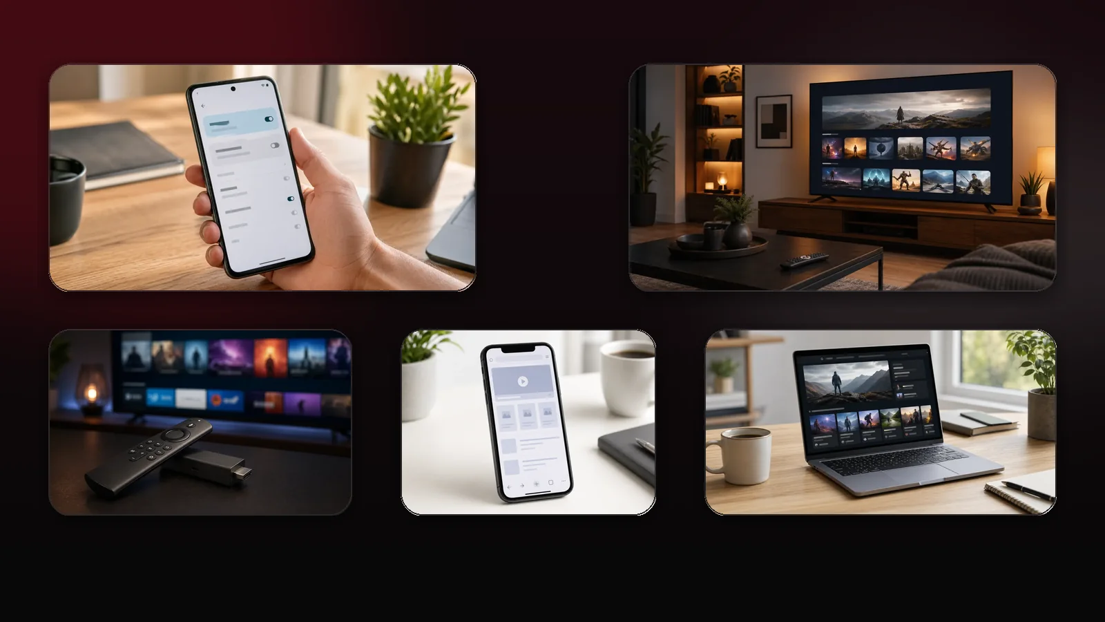 Editorial multi-device comparison scene showing phone, TV, streaming stick, laptop, and tablet layouts