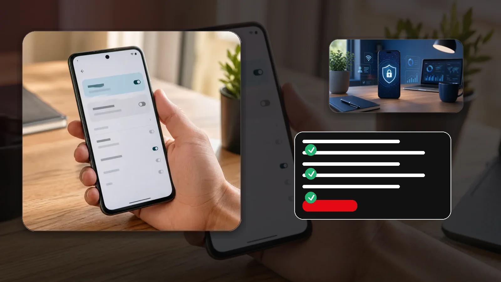 Editorial checklist visual showing a phone install scene with file review and safety checklist overlays