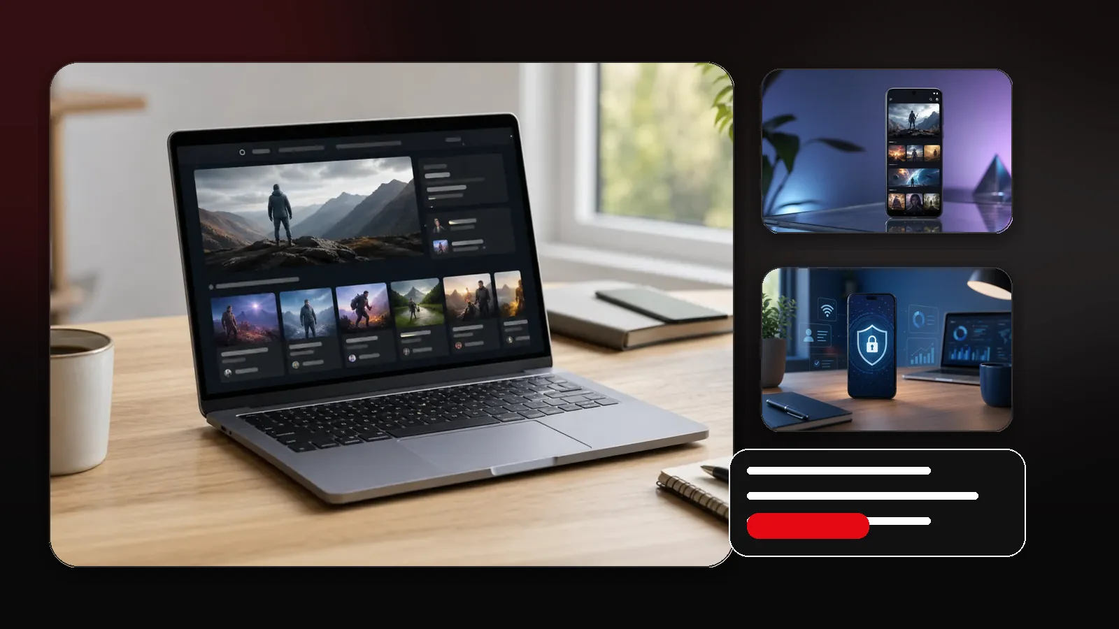 Editorial workspace scene with laptop, phone, notes, and research-style review panels
