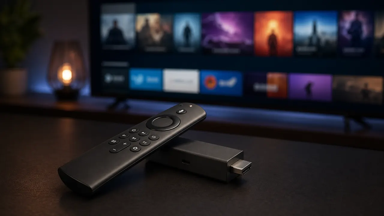 Streaming device remote on a desk with a generic TV interface in the background