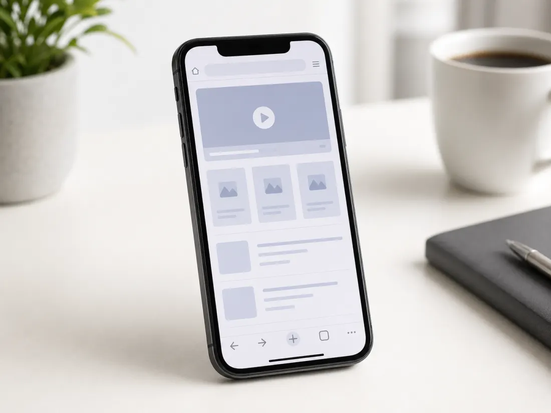 iPhone on a clean desk showing a browser-based app guide instead of an APK installation screen