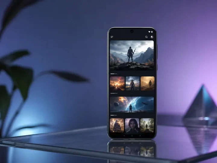 Modern Android smartphone showing a generic entertainment app interface for the Net Mirror homepage