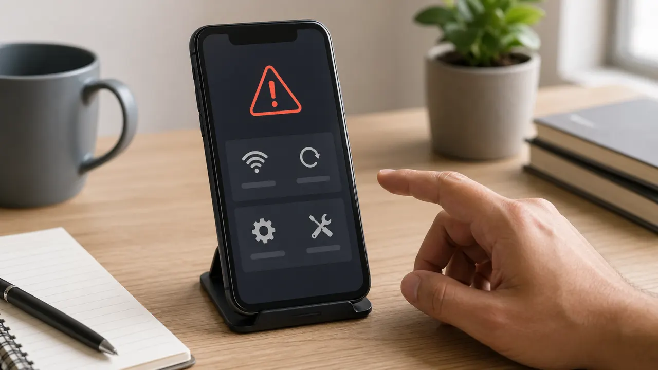 Troubleshooting photo showing a phone with an error state on a desk